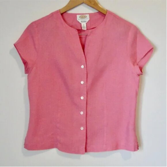 Talbots Tops - Pink Linen Top Blouse Irish Linen V-neck Button Front Talbots Petite Size 10